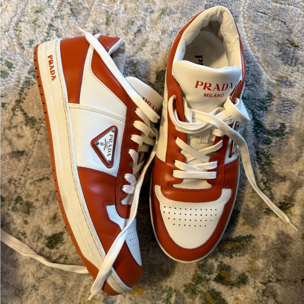 Prada Burnt Orange and White Sneakers